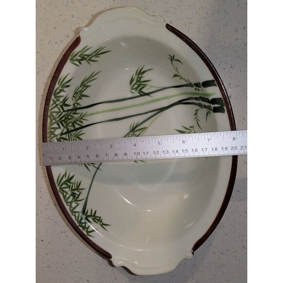Vintage Japanese Hand-Painted Bamboo Design Oval Bowl two Handles 11 inch Length - Picture 5 of 12
